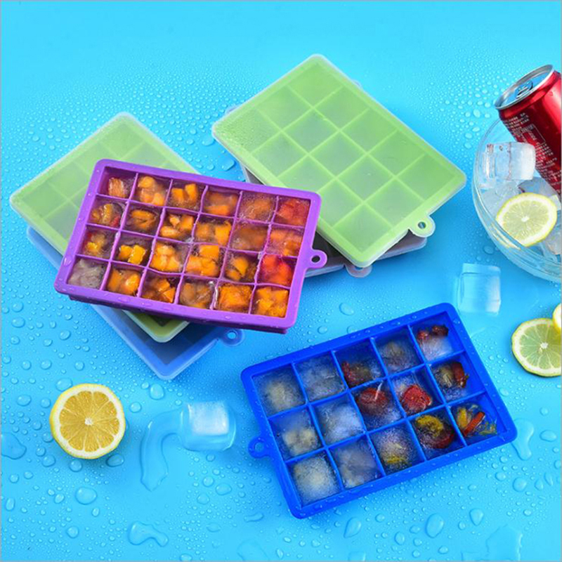 BPA Free 15-cavidades silicona con cubierta para fabricantes de hielo molde de forma cuadrada de silicona molde de hielo bandejas de cubos de hielo